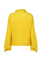 The SHIFTED MISTY PLEATS top by ISSEY MIYAKE is a bright yellow, long-sleeved piece shown from the back, made of soft fabric with a boxy, loose fit and wide sleeves detailed with subtle diagonal ribbing.