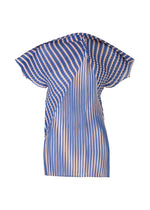 The ISSEY MIYAKE GENERIC STRIPES (MACHINE PLEATS) blouse features blue and white vertical stripes, machine pleats, wide structured short sleeves, and an asymmetric neckline, shown on a plain white background. - BLUE-HUED （no.76）
