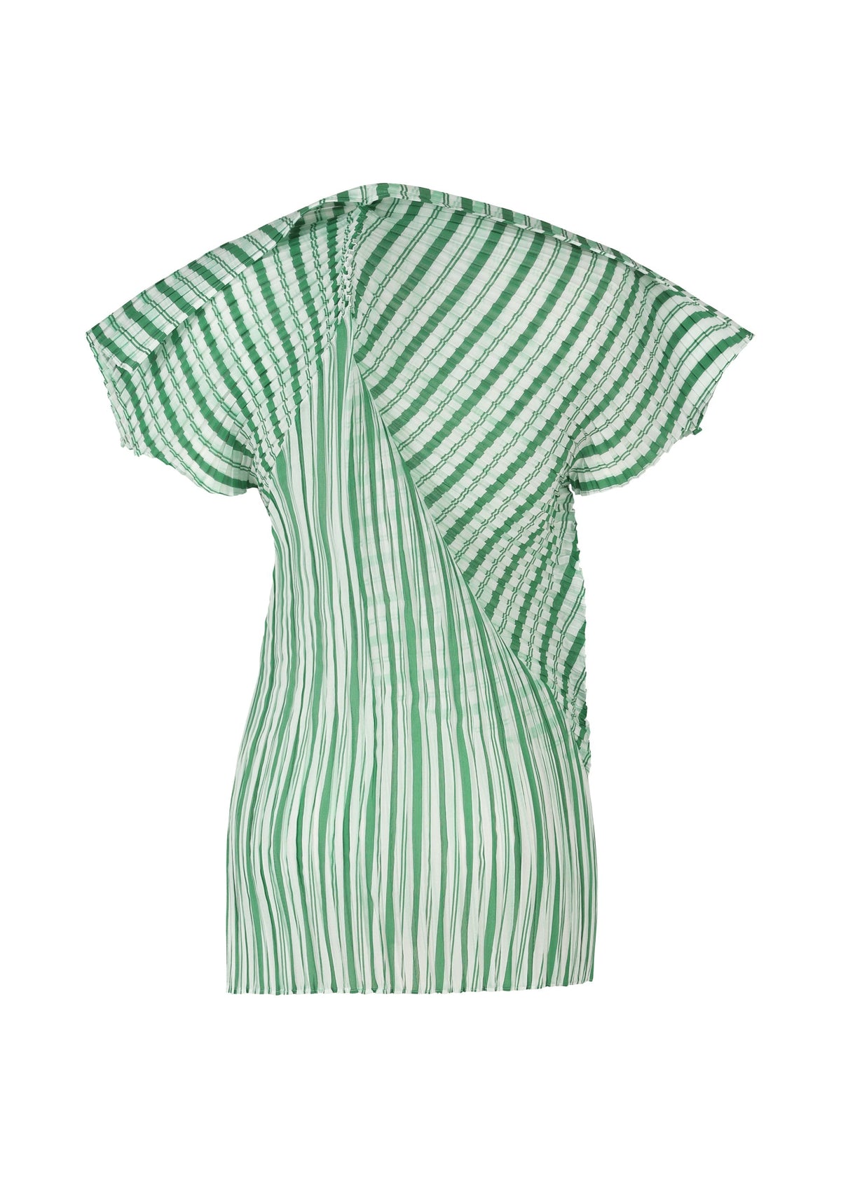 The ISSEY MIYAKE GENERIC STRIPES (MACHINE PLEATS) top features green and white diagonal and vertical stripes, pleated fabric, an asymmetrical cut, and ruffled details on the sleeves and body. view 3 of 7