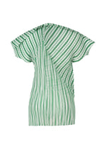 The ISSEY MIYAKE GENERIC STRIPES (MACHINE PLEATS) top features green and white diagonal and vertical stripes, pleated fabric, an asymmetrical cut, and ruffled details on the sleeves and body.
