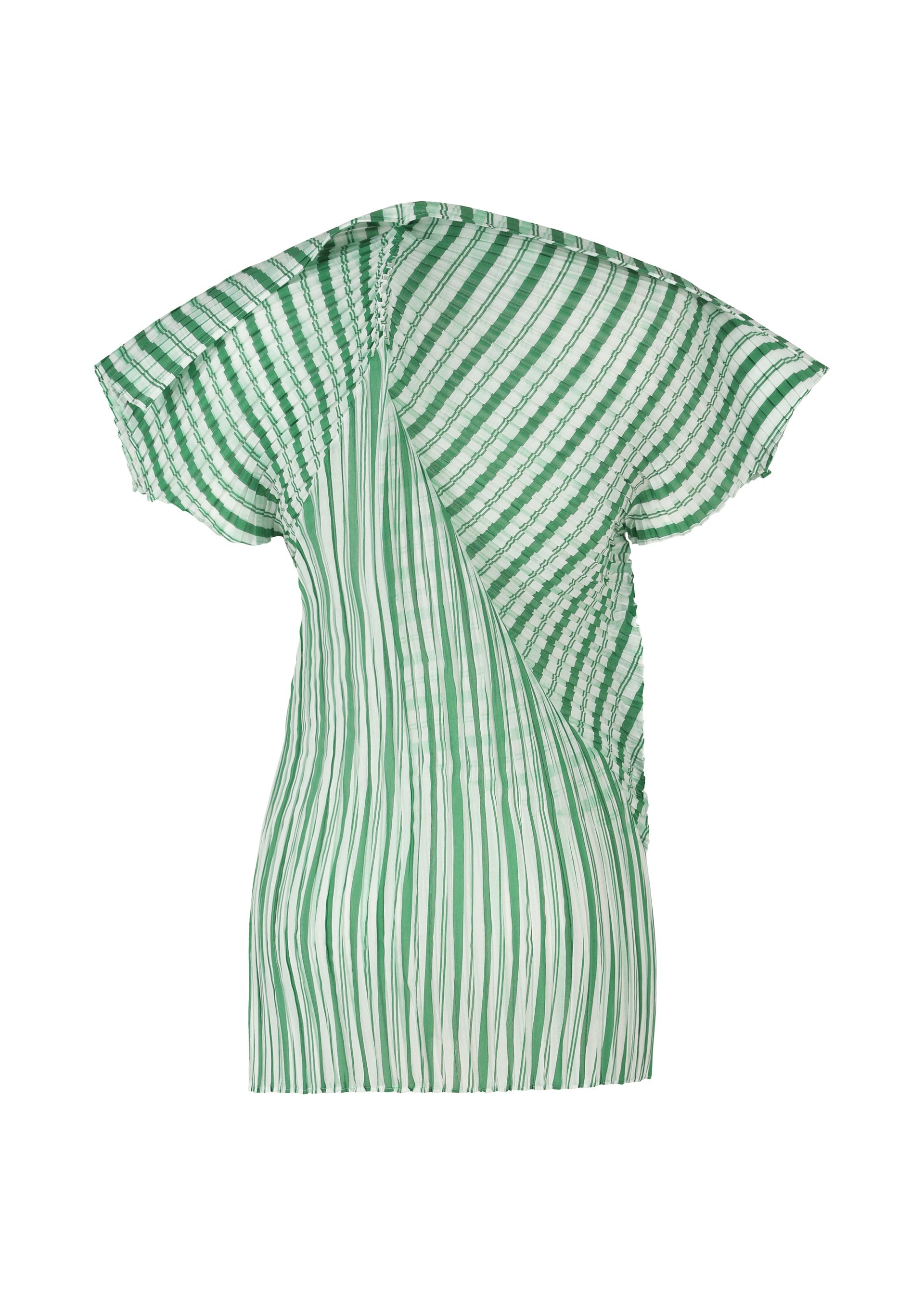Zoomed view The ISSEY MIYAKE GENERIC STRIPES (MACHINE PLEATS) top features green and white diagonal and vertical stripes, pleated fabric, an asymmetrical cut, and ruffled details on the sleeves and body.