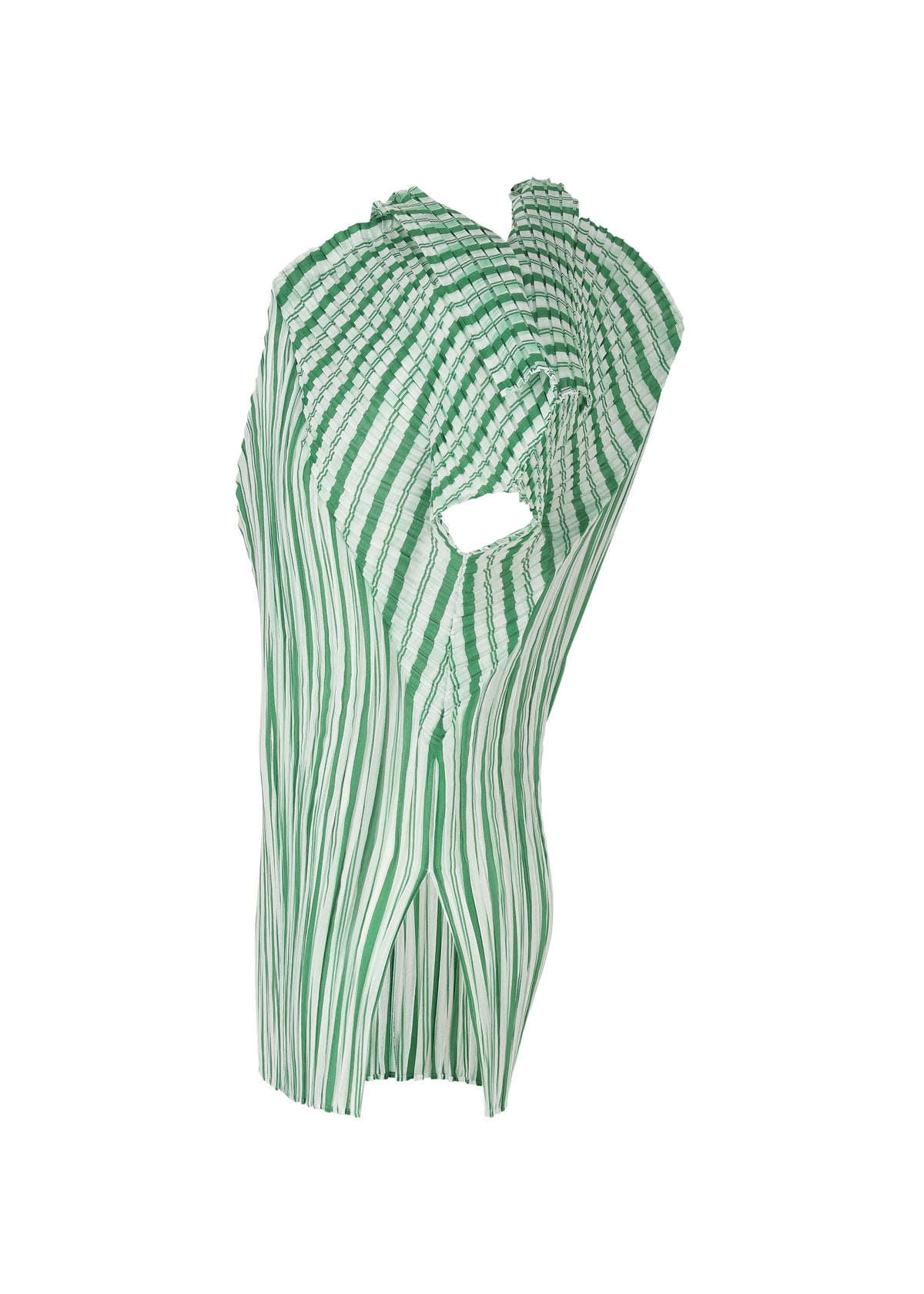 The ISSEY MIYAKE GENERIC STRIPES (MACHINE PLEATS) top features green and white vertical stripes, an asymmetric silhouette, a circular cut-out near the shoulder, and sheer pleated polyester, shown against a white background. view 4 of 7