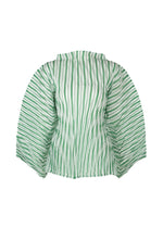 ISSEY MIYAKE's GENERIC STRIPES (HAND PLEATS) top features handmade dramatic pleats on wide sleeves and sheer white fabric with vertical green stripes for a lightweight, airy style. - GREEN-HUED （no.66）