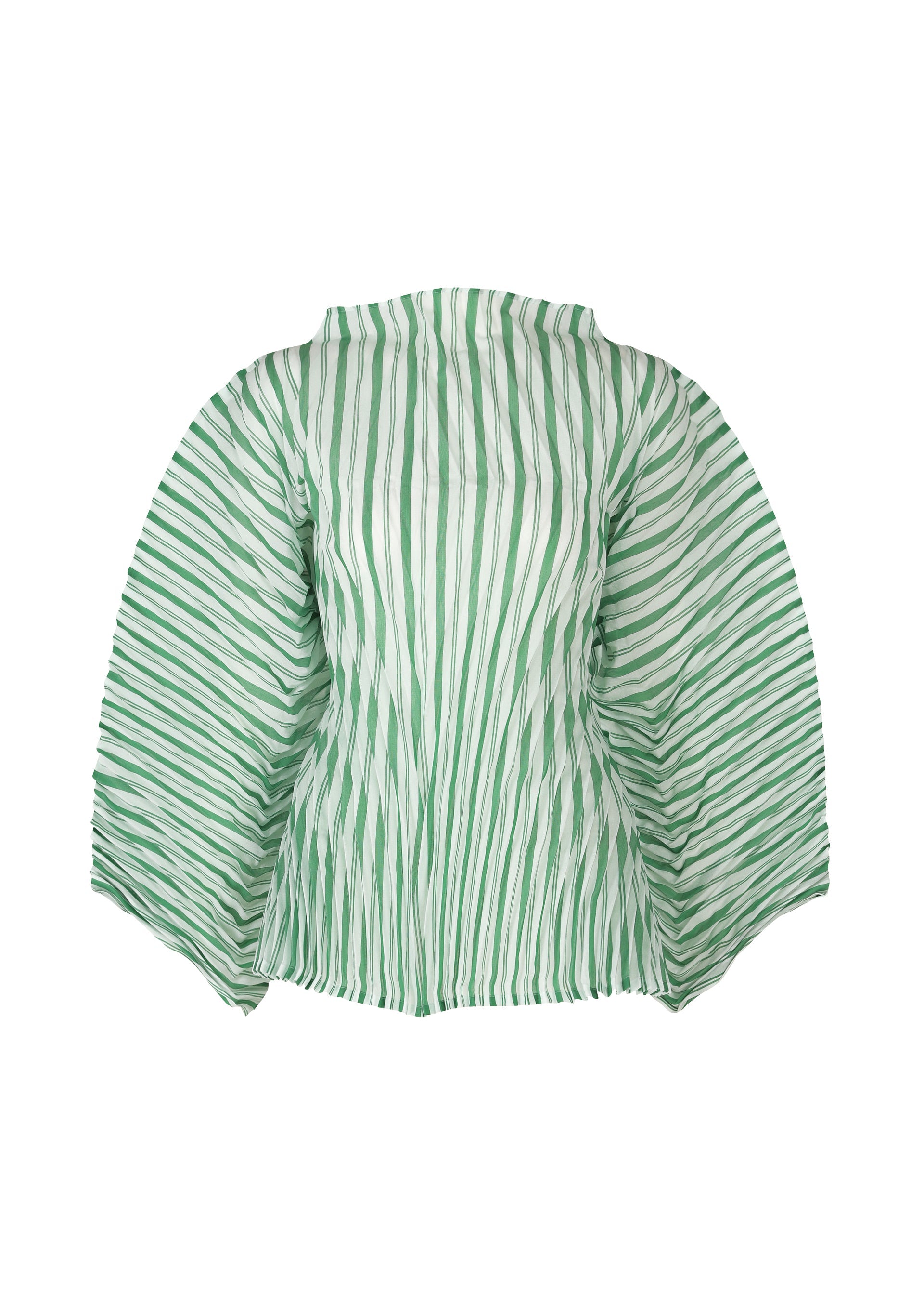 Zoomed view ISSEY MIYAKE's GENERIC STRIPES (HAND PLEATS) top features handmade dramatic pleats on wide sleeves and sheer white fabric with vertical green stripes for a lightweight, airy style. - GREEN-HUED （no.66）