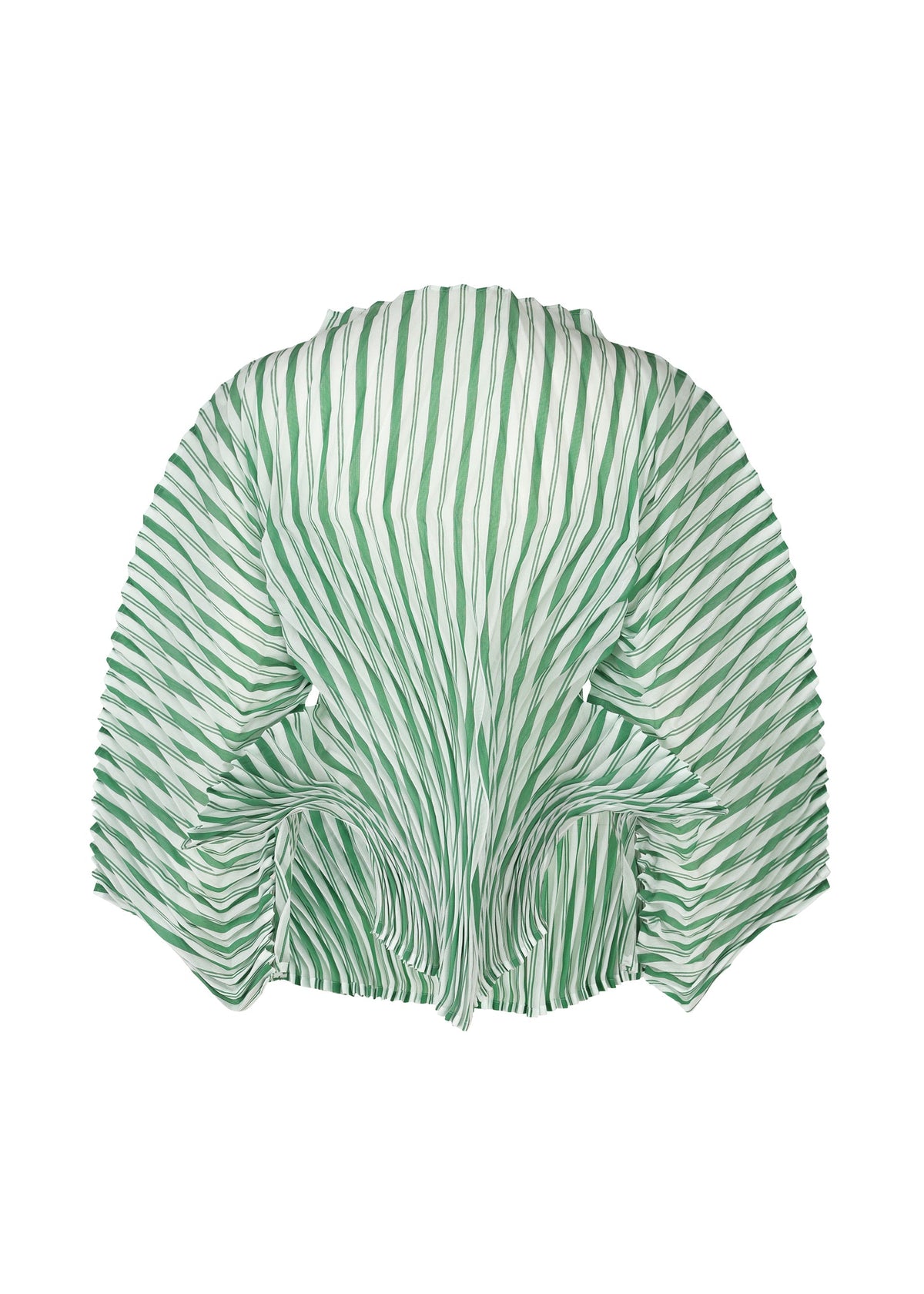 The GENERIC STRIPES (HAND PLEATS) top by ISSEY MIYAKE showcases green and white vertical stripes with dramatic handmade pleats on wing-like sleeves, creating a sculptural, voluminous silhouette. view 2 of 5
