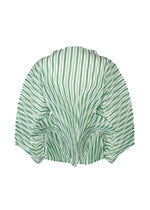 The GENERIC STRIPES (HAND PLEATS) top by ISSEY MIYAKE showcases green and white vertical stripes with dramatic handmade pleats on wing-like sleeves, creating a sculptural, voluminous silhouette.