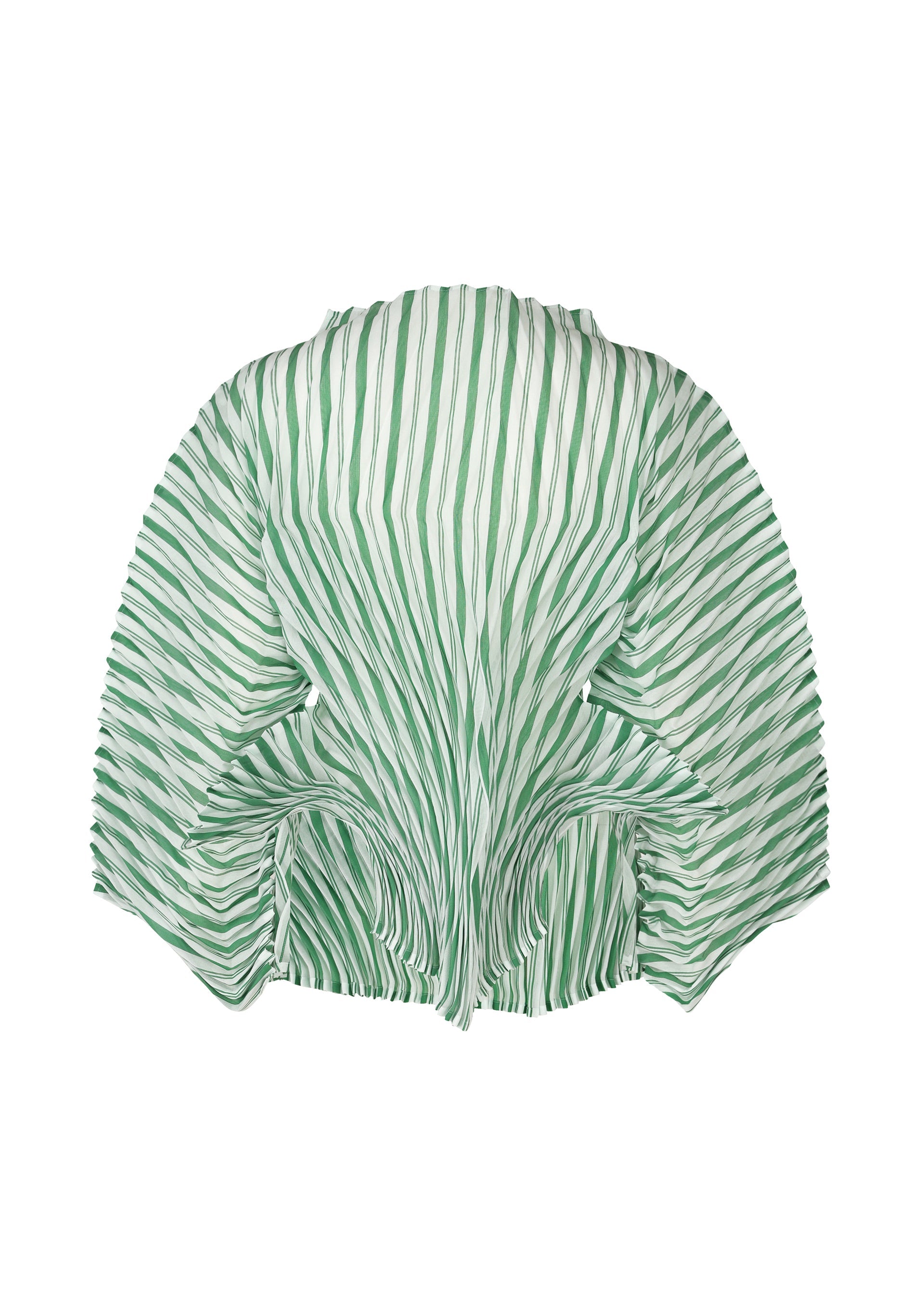 Zoomed view The GENERIC STRIPES (HAND PLEATS) top by ISSEY MIYAKE showcases green and white vertical stripes with dramatic handmade pleats on wing-like sleeves, creating a sculptural, voluminous silhouette.