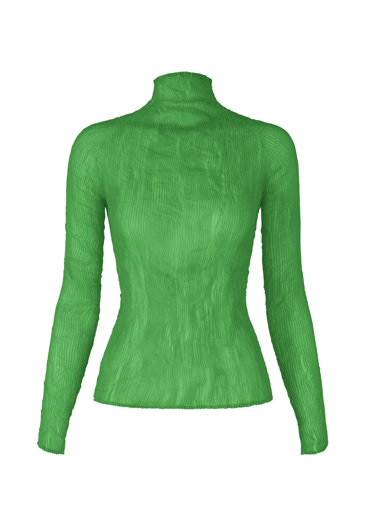 The CHIFFON TWIST 3 by ISSEY MIYAKE is a vibrant green, long-sleeve pleated top with a fitted turtleneck and crinkled texture, made from recycled polyester, shown on a plain white background. view 2 of 7