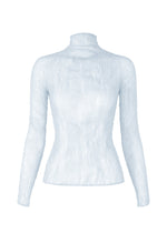 The CHIFFON TWIST 3 by ISSEY MIYAKE is a long-sleeve, light blue sheer high-neck top with a ribbed texture, made from recycled polyester and shown on a plain white background. - PALE BLUE （no.70）
