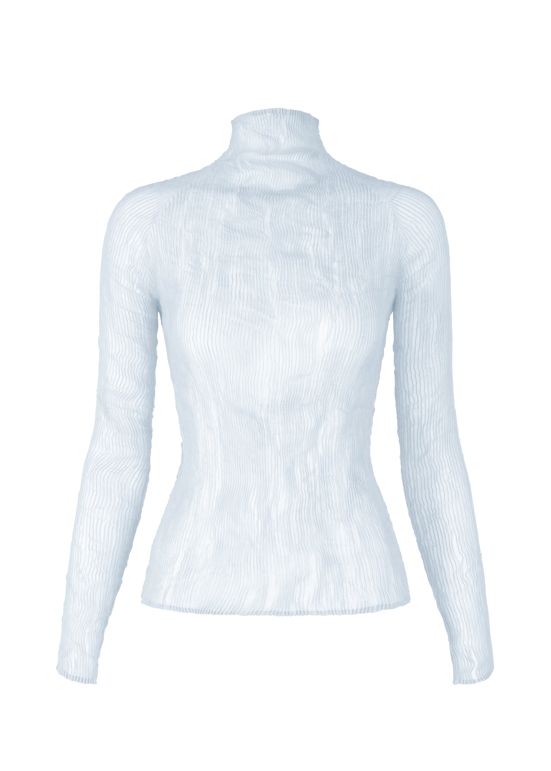 Zoomed view The CHIFFON TWIST 3 by ISSEY MIYAKE is a long-sleeve, light blue sheer high-neck top with a ribbed texture, made from recycled polyester and shown on a plain white background. - PALE BLUE （no.70）