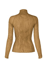 The ISSEY MIYAKE CHIFFON TWIST 3 is a fitted, long-sleeve light brown top with pleats, a crinkled texture made from recycled polyester, viewed from the back and featuring a slightly flared waist.