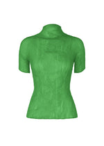 The ISSEY MIYAKE CHIFFON TWIST 3 is a fitted, short-sleeve bright green pleated top made from recycled polyester with a crinkled texture, shown against a plain white background. - GREEN （no.62）
