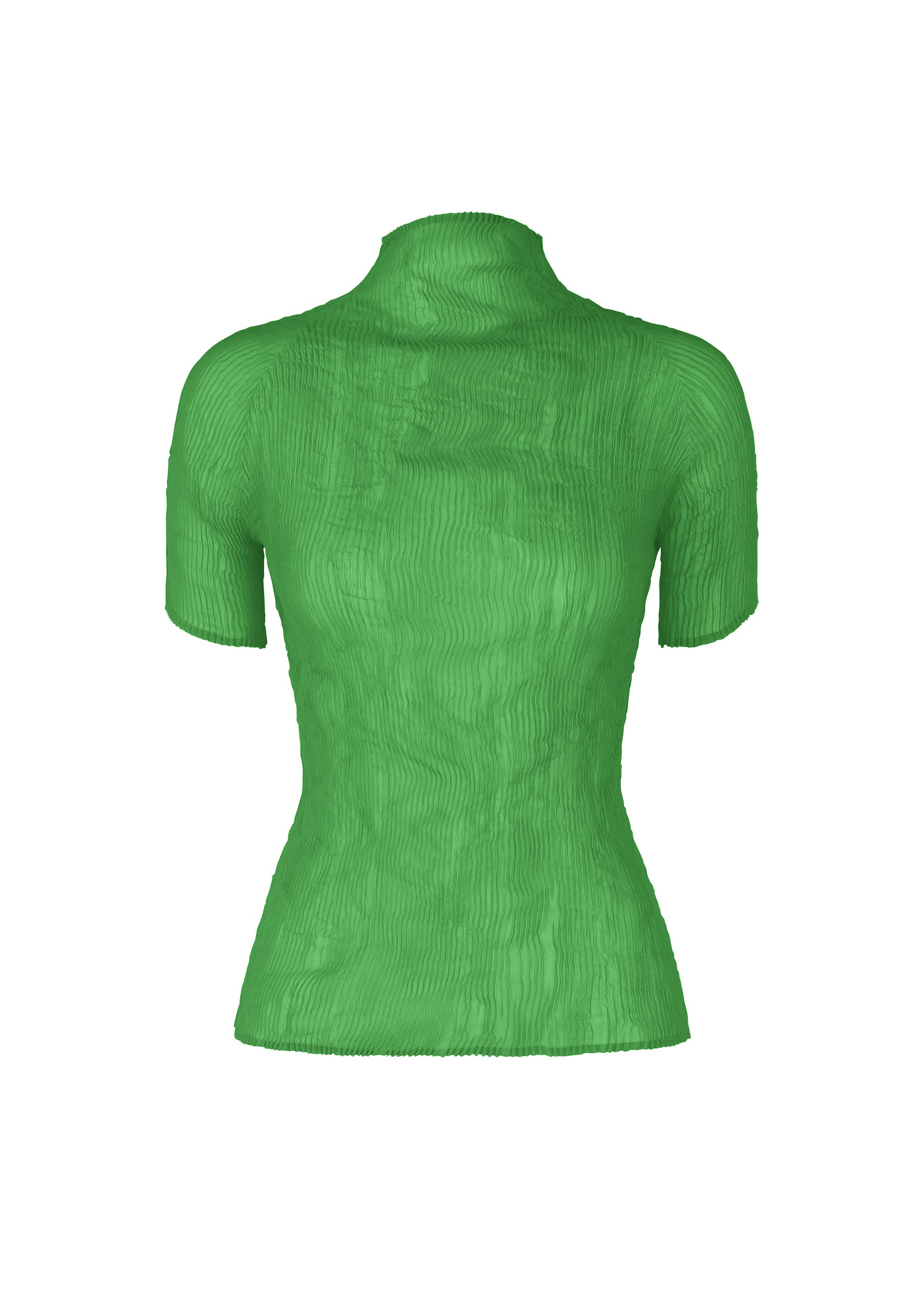 Zoomed view The ISSEY MIYAKE CHIFFON TWIST 3 is a fitted, short-sleeve bright green pleated top made from recycled polyester with a crinkled texture, shown against a plain white background. - GREEN （no.62）