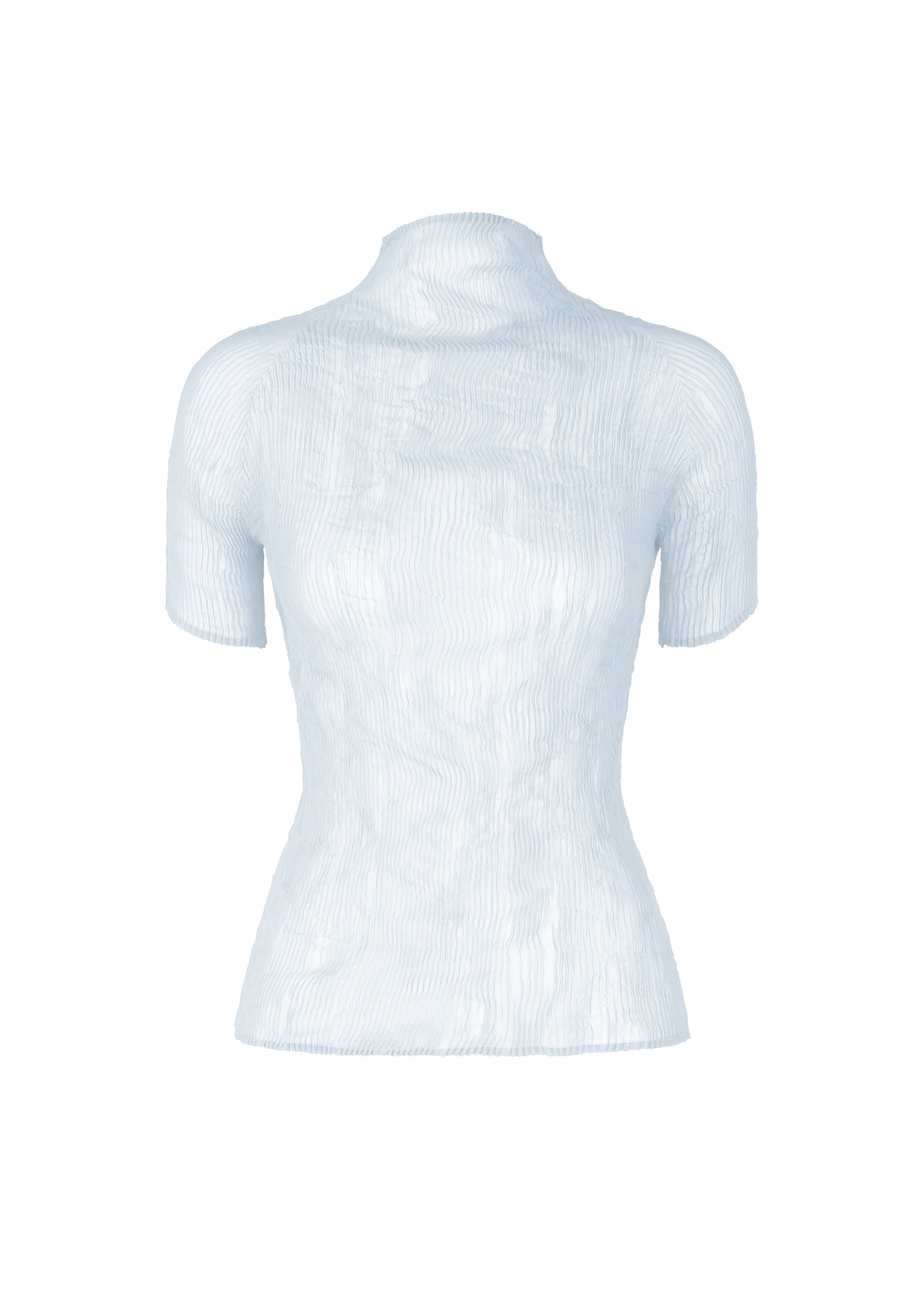 Zoomed view The ISSEY MIYAKE CHIFFON TWIST 3 is a light blue, semi-sheer mock-neck top with short sleeves, subtle vertical stripes, and a fitted silhouette, crafted from recycled polyester and shown on a plain white background. - PALE BLUE （no.70）