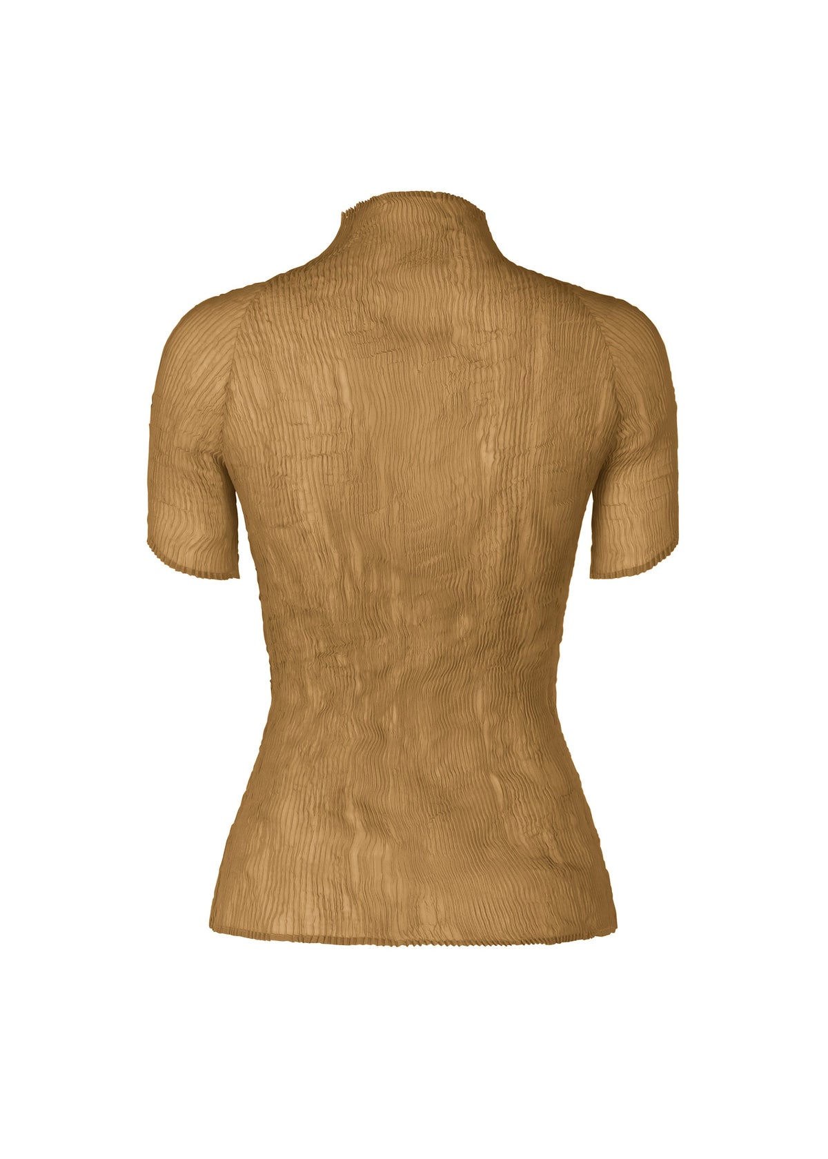 The ISSEY MIYAKE CHIFFON TWIST 3 is a brown, short-sleeved top with a ribbed texture, crafted from recycled polyester and shown from the back against a plain white background. view 4 of 7
