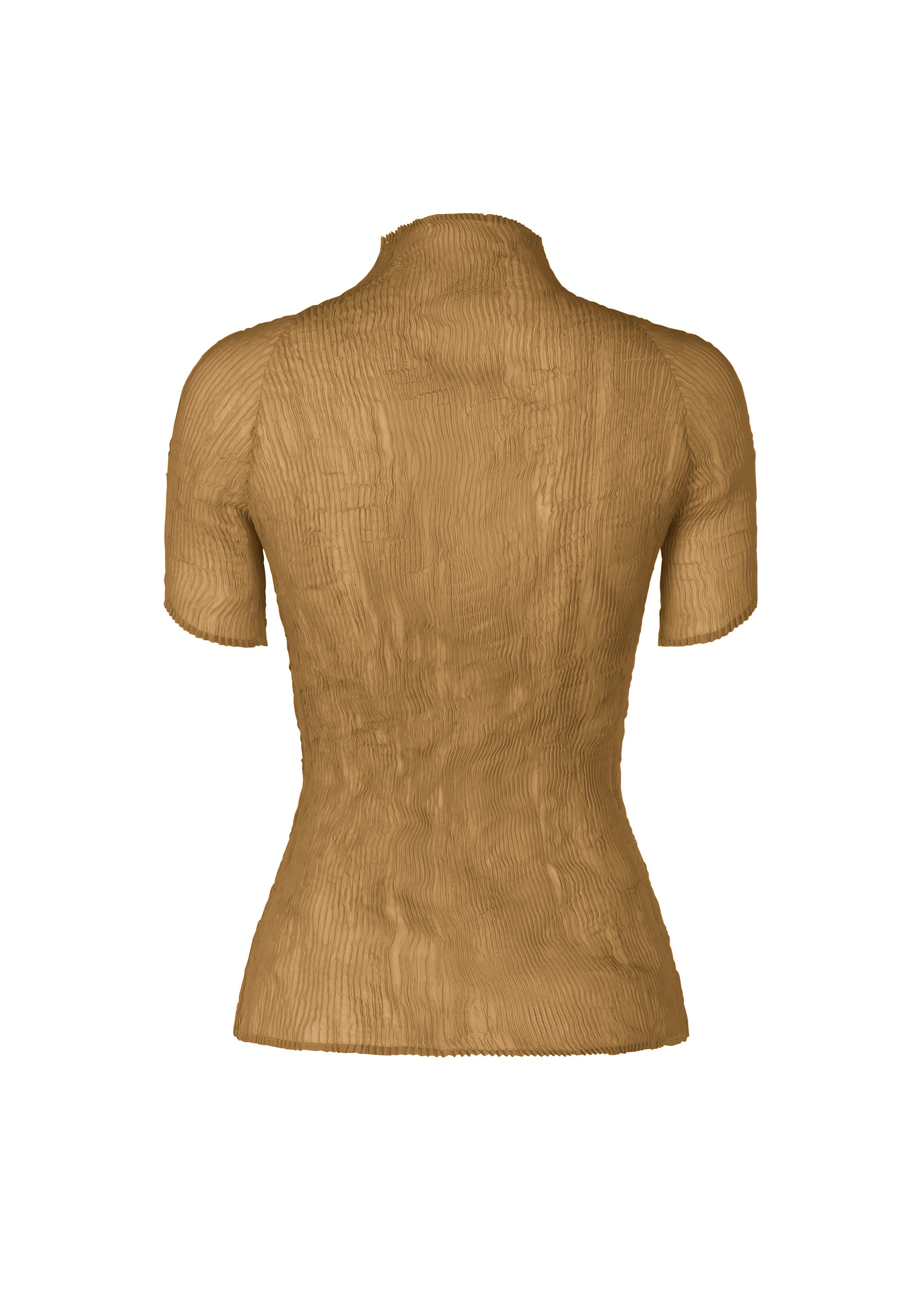 Zoomed view The ISSEY MIYAKE CHIFFON TWIST 3 is a brown, short-sleeved top with a ribbed texture, crafted from recycled polyester and shown from the back against a plain white background.