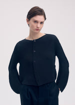 A person with short brown hair wears the ISSEY MIYAKE SHIFTED MISTY PLEATS black button-up cardigan-style top and black pants, standing against a plain light background with a neutral expression.