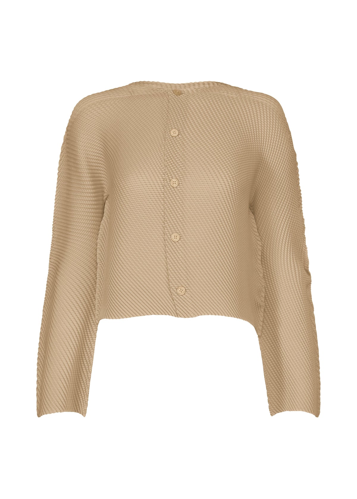 The SHIFTED MISTY PLEATS cardigan by ISSEY MIYAKE is a beige, long-sleeve textured knit with pleats, a round neckline, five front buttons, ribbed edges, and a relaxed, slightly cropped fit for effortless style. view 2 of 6