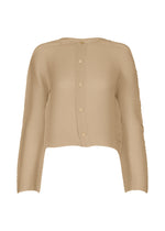 The SHIFTED MISTY PLEATS cardigan by ISSEY MIYAKE is a beige, long-sleeve textured knit with pleats, a round neckline, five front buttons, ribbed edges, and a relaxed, slightly cropped fit for effortless style. - BEIGE （no.41）