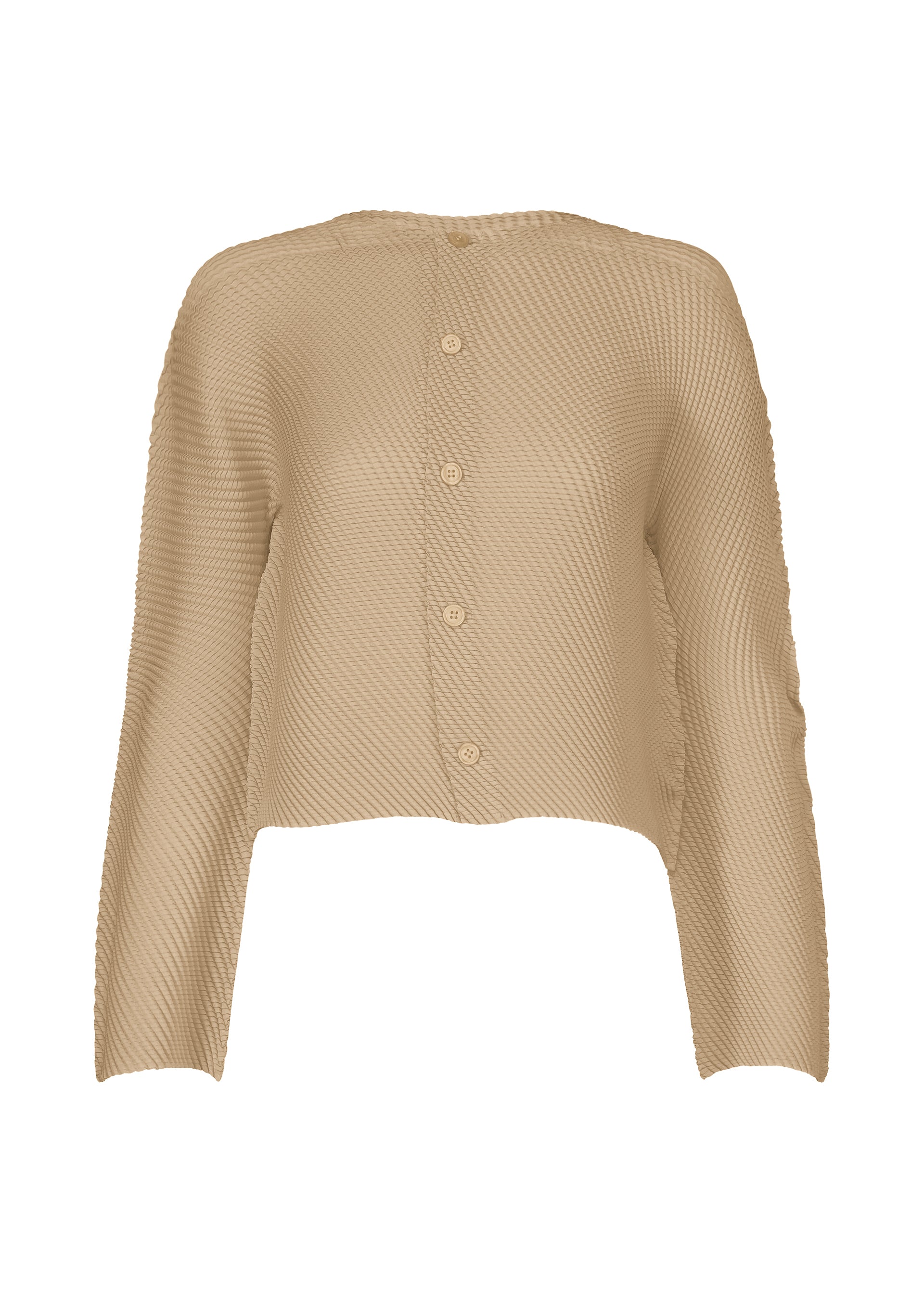 Zoomed view The SHIFTED MISTY PLEATS cardigan by ISSEY MIYAKE is a beige, long-sleeve textured knit with pleats, a round neckline, five front buttons, ribbed edges, and a relaxed, slightly cropped fit for effortless style. - BEIGE （no.41）