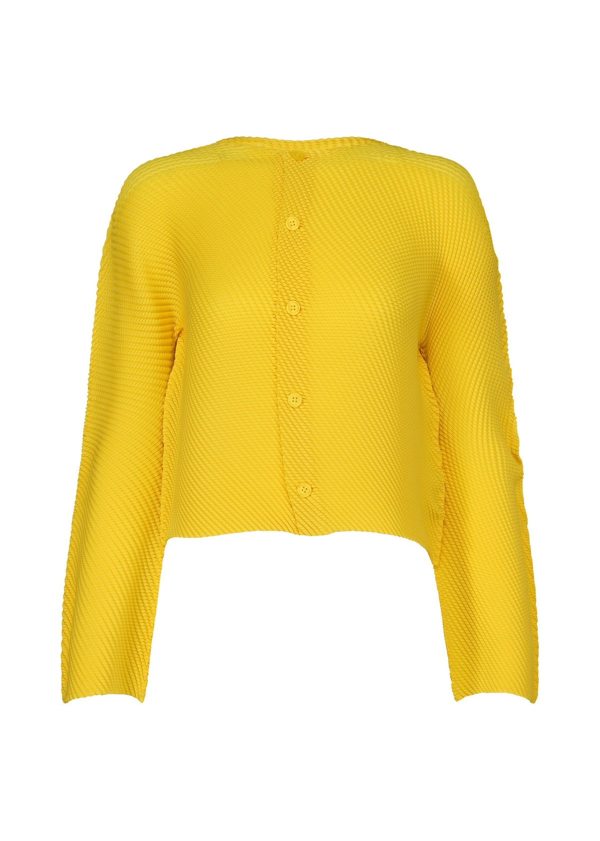 The ISSEY MIYAKE SHIFTED MISTY PLEATS is a bright yellow, long-sleeve cropped cardigan with a pleated, ribbed diagonal design and textured button-up, shown on a plain white background. view 3 of 6