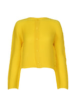 The ISSEY MIYAKE SHIFTED MISTY PLEATS is a bright yellow, long-sleeve cropped cardigan with a pleated, ribbed diagonal design and textured button-up, shown on a plain white background. - YELLOW （no.52）