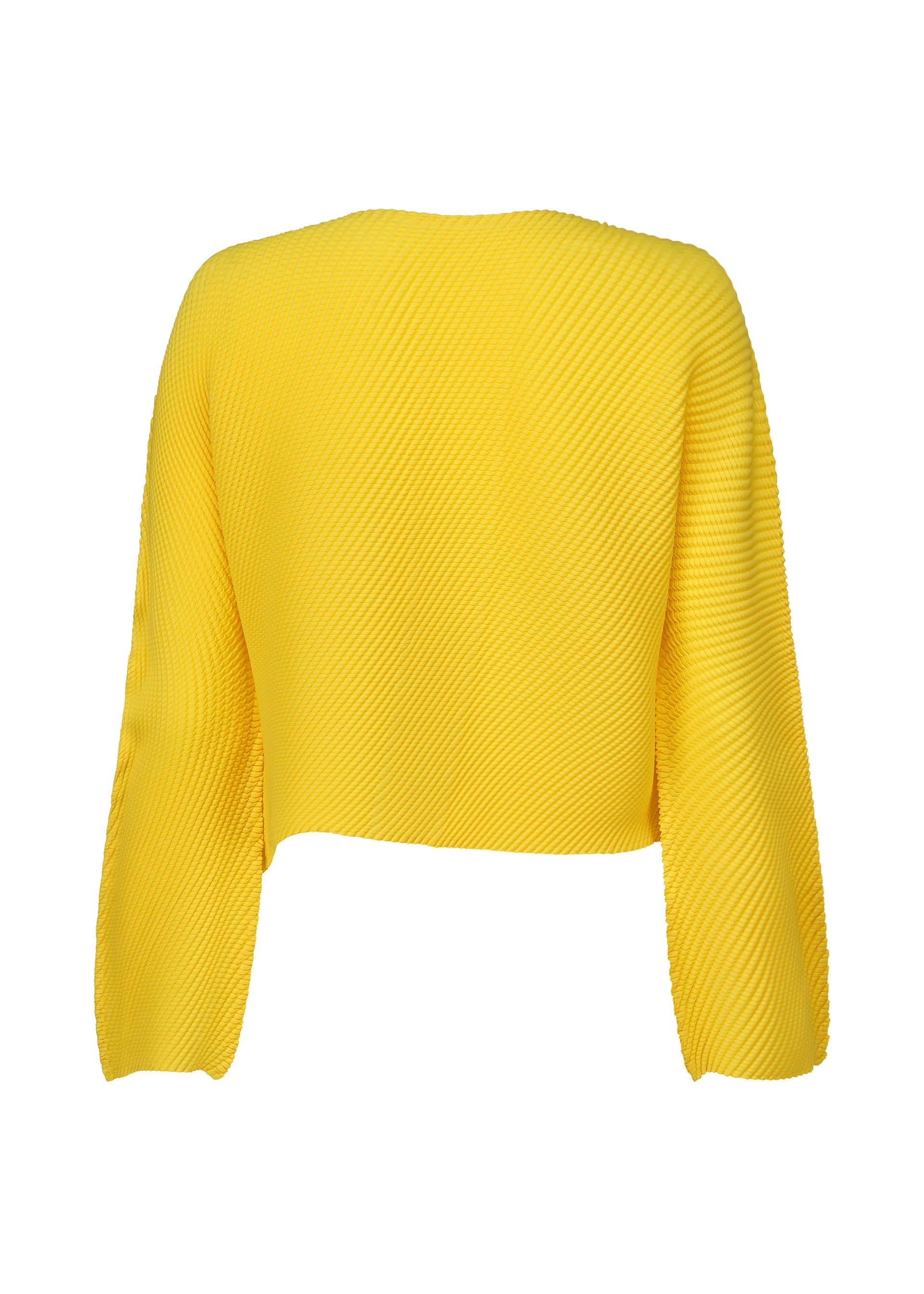 Zoomed view The SHIFTED MISTY PLEATS by ISSEY MIYAKE is a bright yellow, ribbed long-sleeve cropped sweater with diagonal pleats, unique cardigan styling, and a relaxed fit, shown from the back.