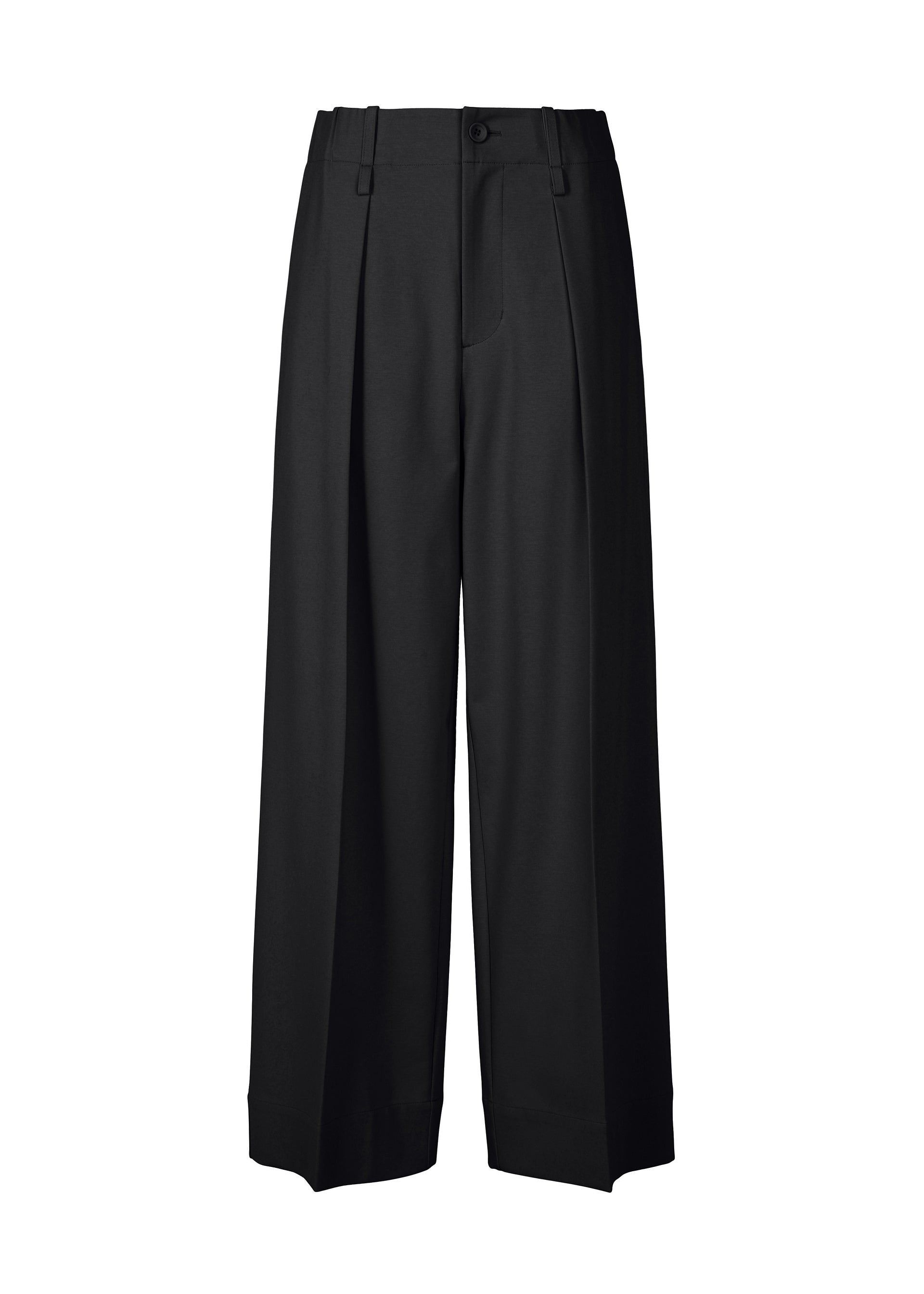 Zoomed view The SIMPLE ENSEMBLE by ISSEY MIYAKE features wide-leg black trousers with pleats, belt loops, and a button closure in soft jersey—ideal for formal occasions. Shown against a plain white background. - BLACK (no.15)