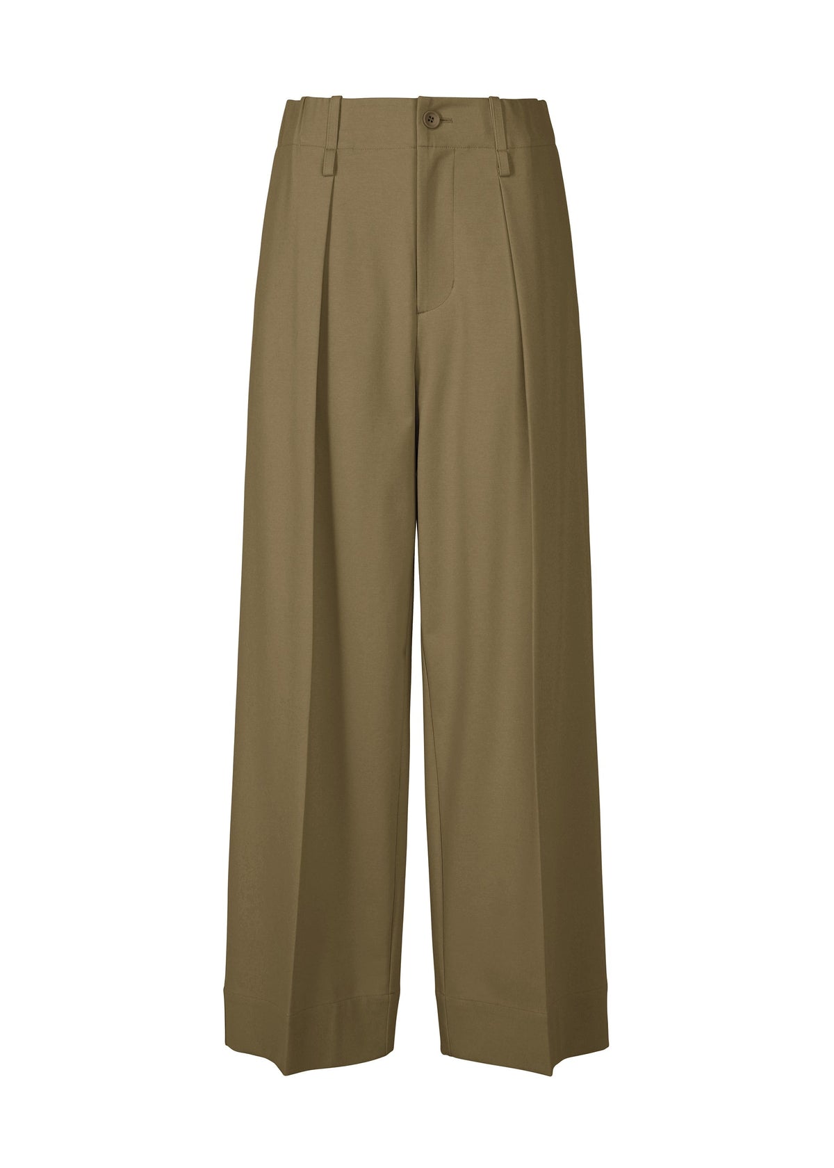 The SIMPLE ENSEMBLE wide-leg khaki pants by ISSEY MIYAKE feature jersey fabric, a high waist, front pleats, belt loops, and button-zip closure—ideal for formal occasions. Shown against a plain white background. view 1 of 7
