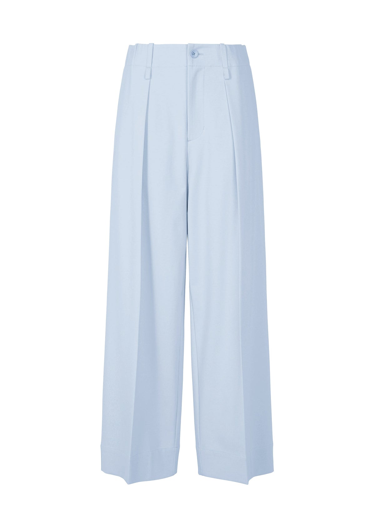 The SIMPLE ENSEMBLE high-waisted wide pants by ISSEY MIYAKE feature front pleats, button and zip closure, and side pockets in soft light blue jersey—ideal for formal occasions. Shown on a white background. view 2 of 7