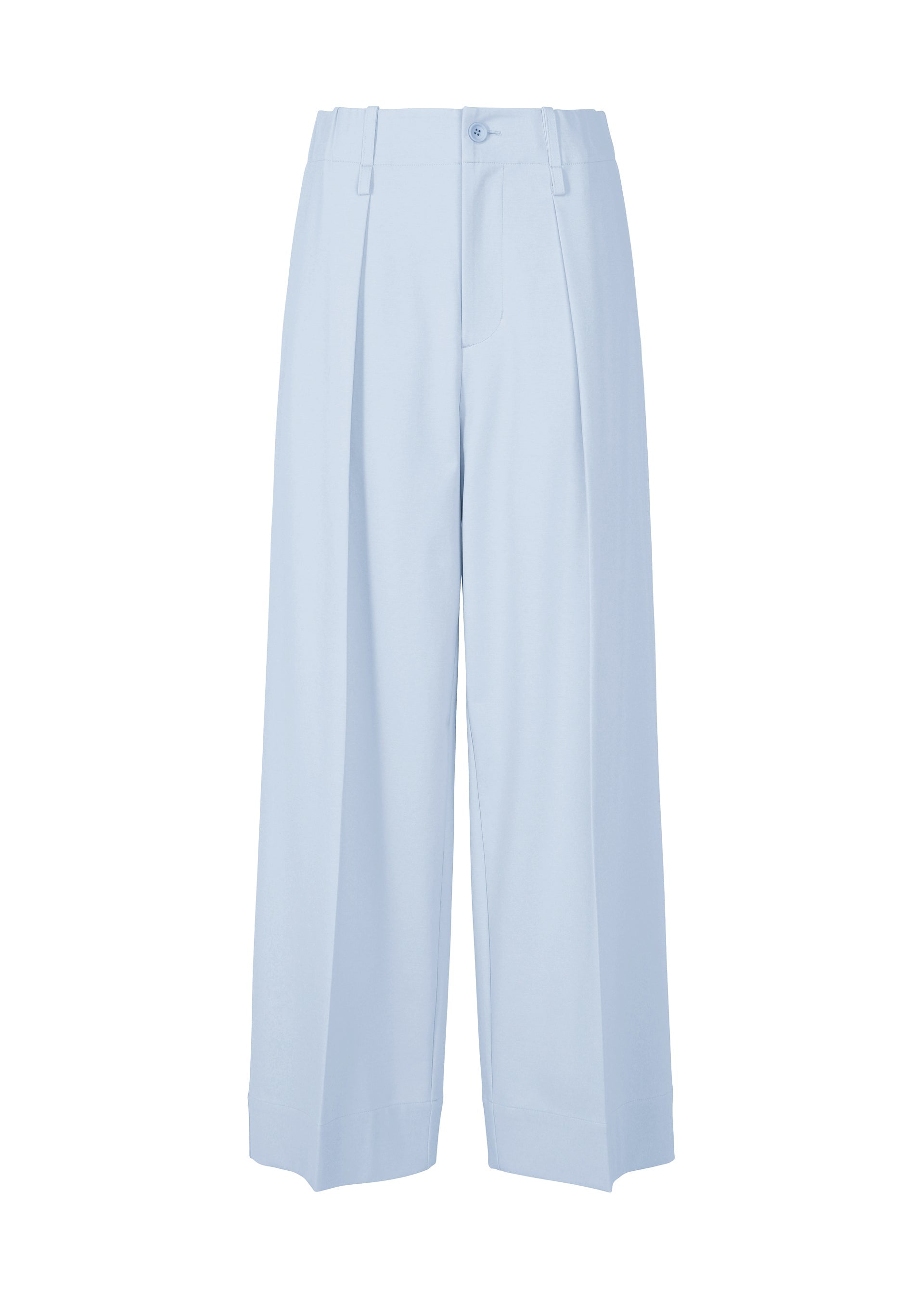 Zoomed view The SIMPLE ENSEMBLE high-waisted wide pants by ISSEY MIYAKE feature front pleats, button and zip closure, and side pockets in soft light blue jersey—ideal for formal occasions. Shown on a white background. - LIGHT BLUE （no.71）