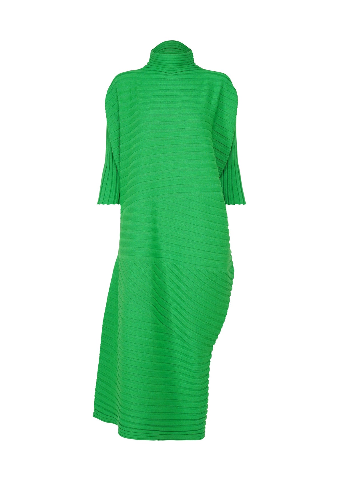 The ISSEY MIYAKE COTTON CASHMERE KNIT dress features a bright green hue, high neck, elbow-length sleeves, and an asymmetrical mid-length hem. Its straight silhouette is enhanced by horizontal and diagonal ribbed patterns for added texture. view 2 of 5