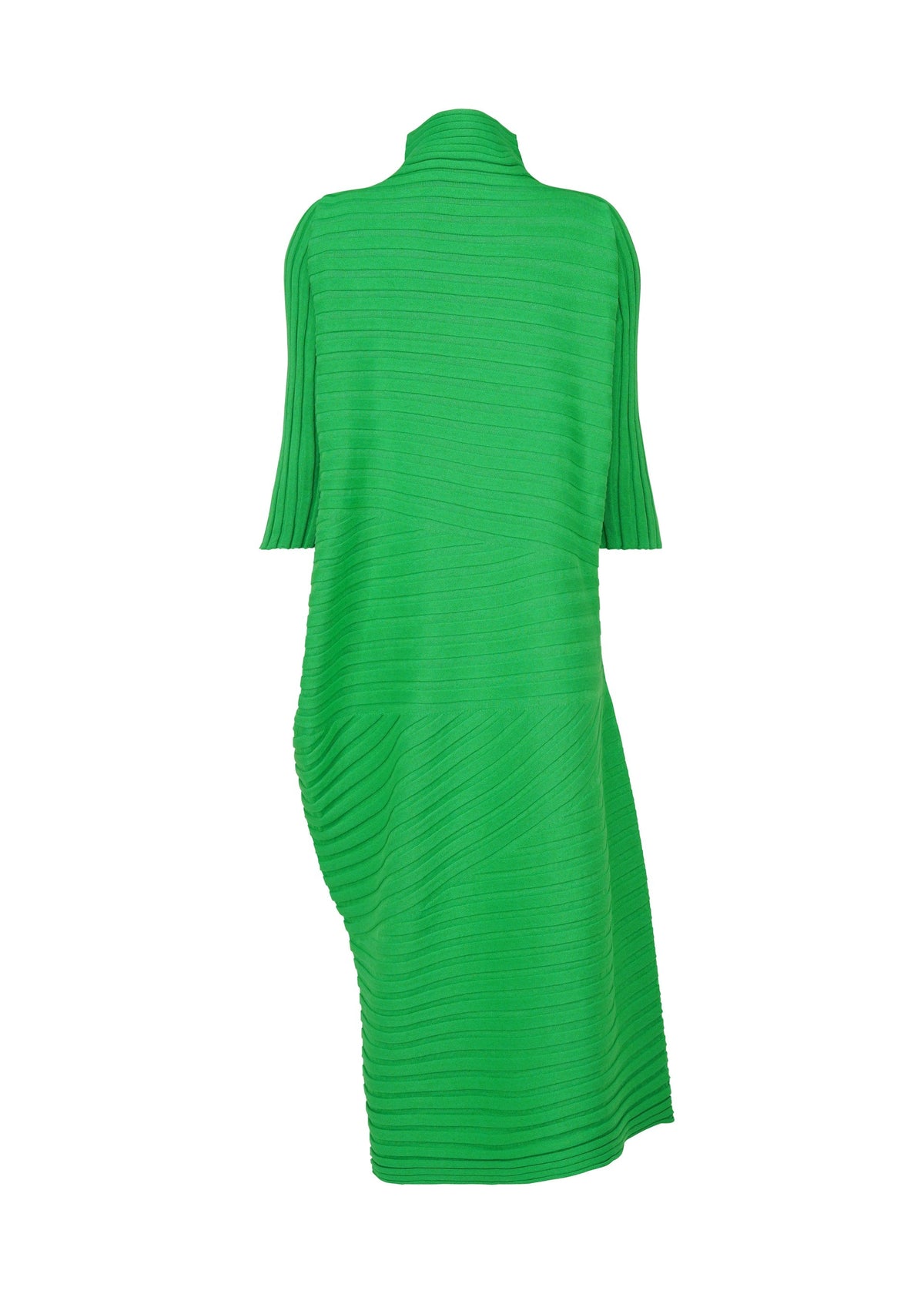The ISSEY MIYAKE COTTON CASHMERE KNIT is a bright green, knee-length dress featuring ribbed horizontal and diagonal textures, short sleeves, an asymmetrical draped back, and a straight silhouette. view 3 of 5