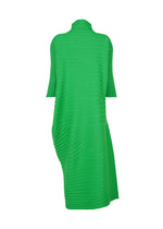 The ISSEY MIYAKE COTTON CASHMERE KNIT is a bright green, knee-length dress featuring ribbed horizontal and diagonal textures, short sleeves, an asymmetrical draped back, and a straight silhouette.