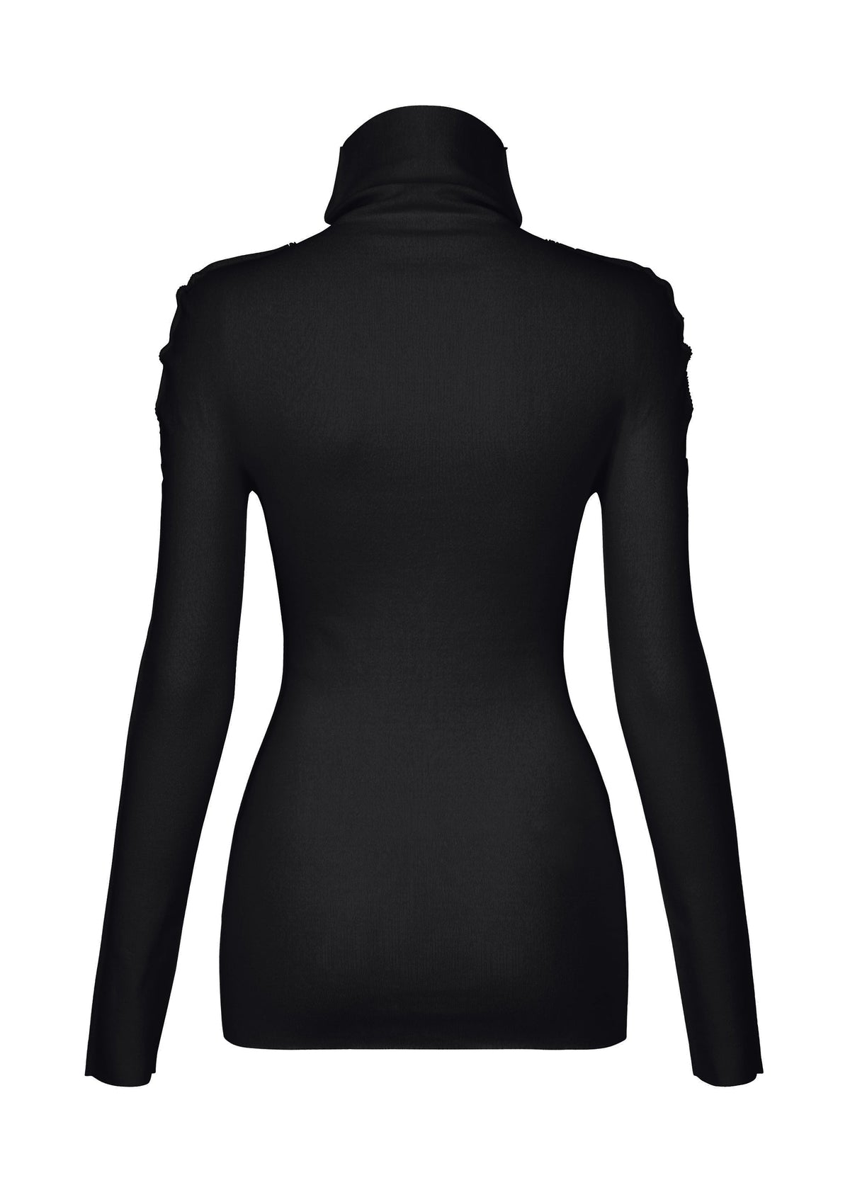 The COTTON BAGUETTE BK-58 by ISSEY MIYAKE is a black long-sleeved high-neck top shown from the back, crafted from smooth A-POC material with a fitted silhouette and minimal detailing. view 2 of 4