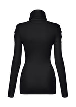 The COTTON BAGUETTE BK-58 by ISSEY MIYAKE is a black long-sleeved high-neck top shown from the back, crafted from smooth A-POC material with a fitted silhouette and minimal detailing.