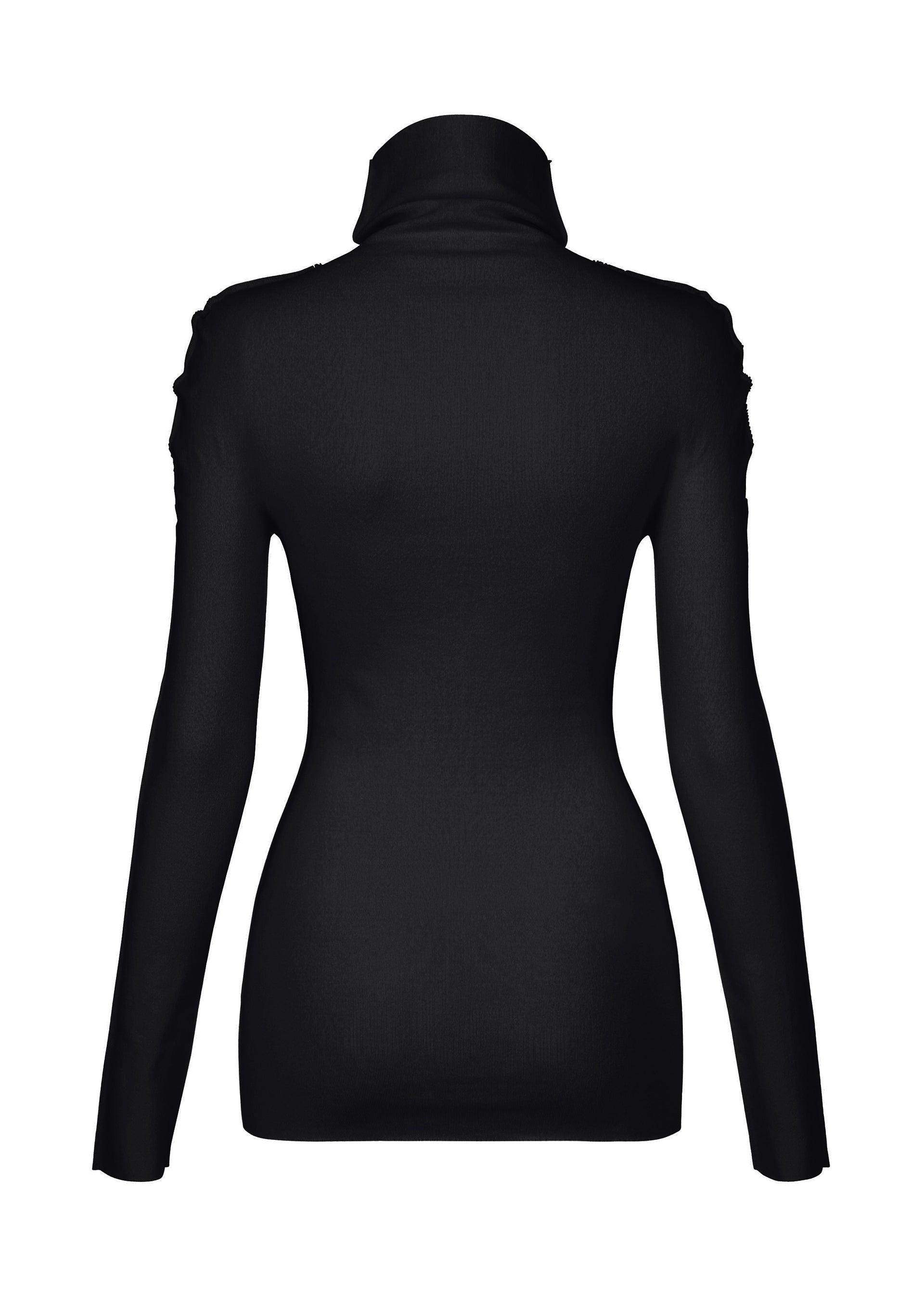 Zoomed view The COTTON BAGUETTE BK-58 by ISSEY MIYAKE is a black long-sleeved high-neck top shown from the back, crafted from smooth A-POC material with a fitted silhouette and minimal detailing.