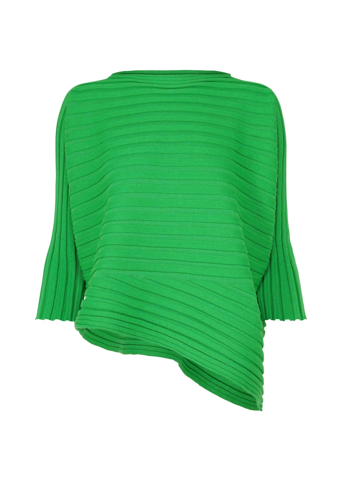 The COTTON CASHMERE KNIT by ISSEY MIYAKE is a bright green top with ribbed texture, wide sleeves, an asymmetrical hem, and horizontal textured lines for a distinctive knit look. view 2 of 6