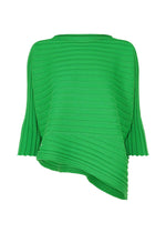 The COTTON CASHMERE KNIT by ISSEY MIYAKE is a bright green top with ribbed texture, wide sleeves, an asymmetrical hem, and horizontal textured lines for a distinctive knit look. - GREEN （no.62）