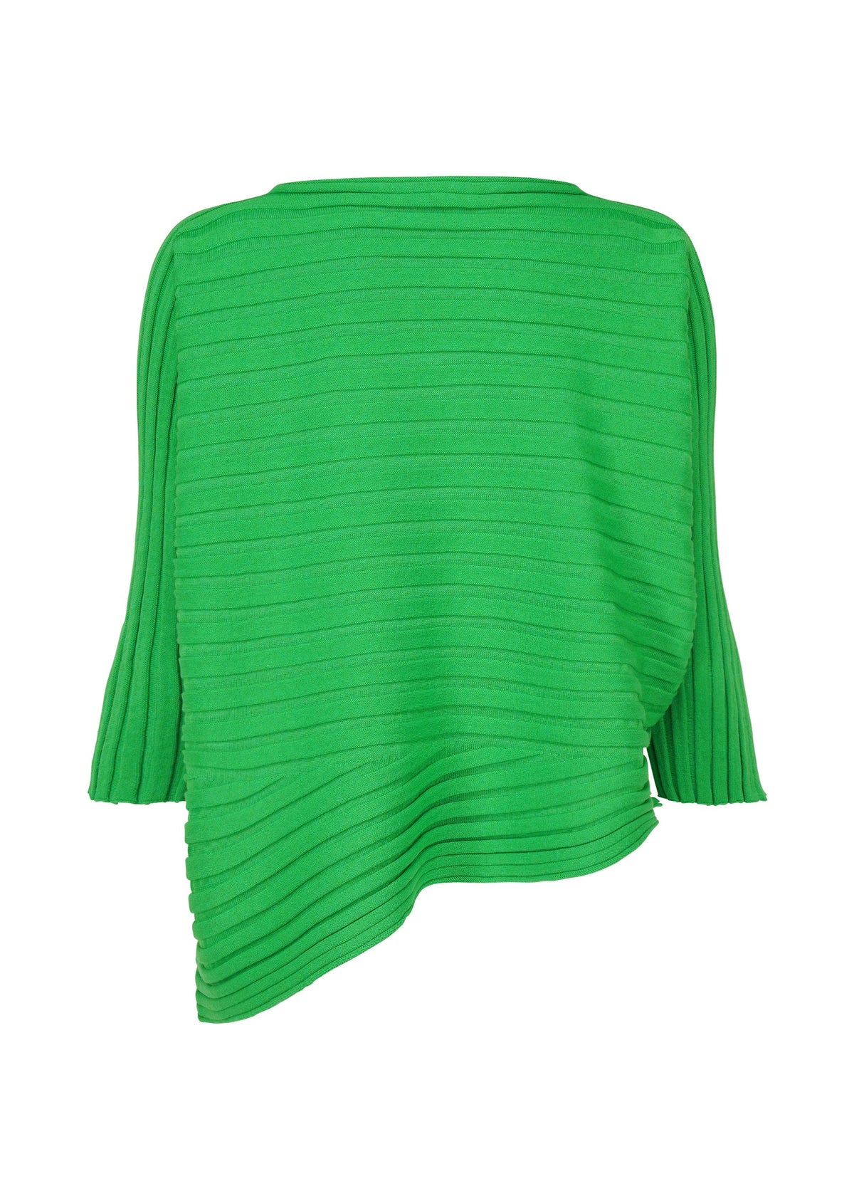 The ISSEY MIYAKE COTTON CASHMERE KNIT is a bright green sweater with a unique knit structure, three-quarter sleeves, and an asymmetrical hem, shown against a plain white background. view 3 of 6