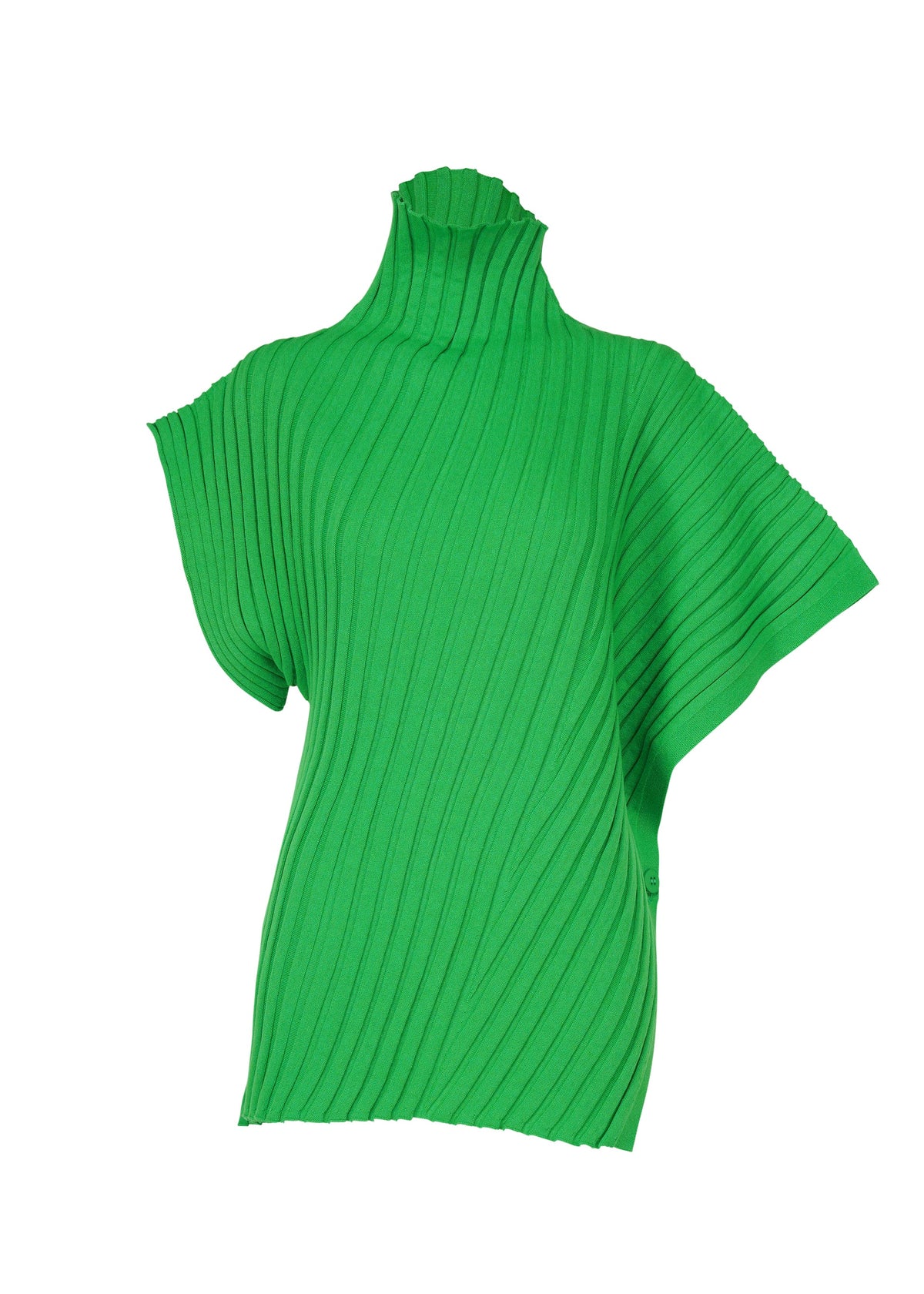 The ISSEY MIYAKE COTTON CASHMERE KNIT is a bright green, ribbed, short-sleeve high-neck top featuring an asymmetric, relaxed fit with diagonal textured lines. view 2 of 5