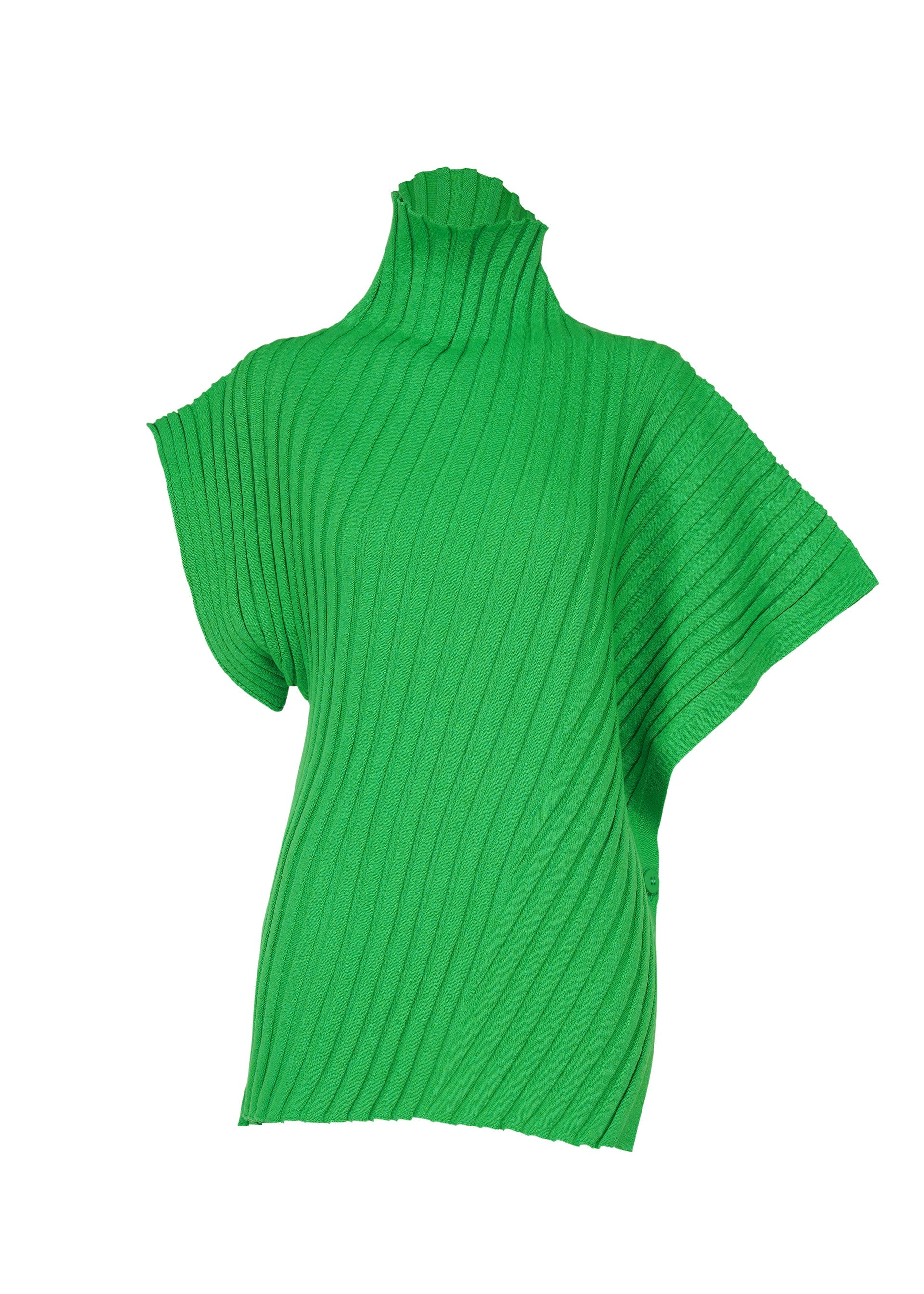 Zoomed view The ISSEY MIYAKE COTTON CASHMERE KNIT is a bright green, ribbed, short-sleeve high-neck top featuring an asymmetric, relaxed fit with diagonal textured lines. - GREEN （no.62）