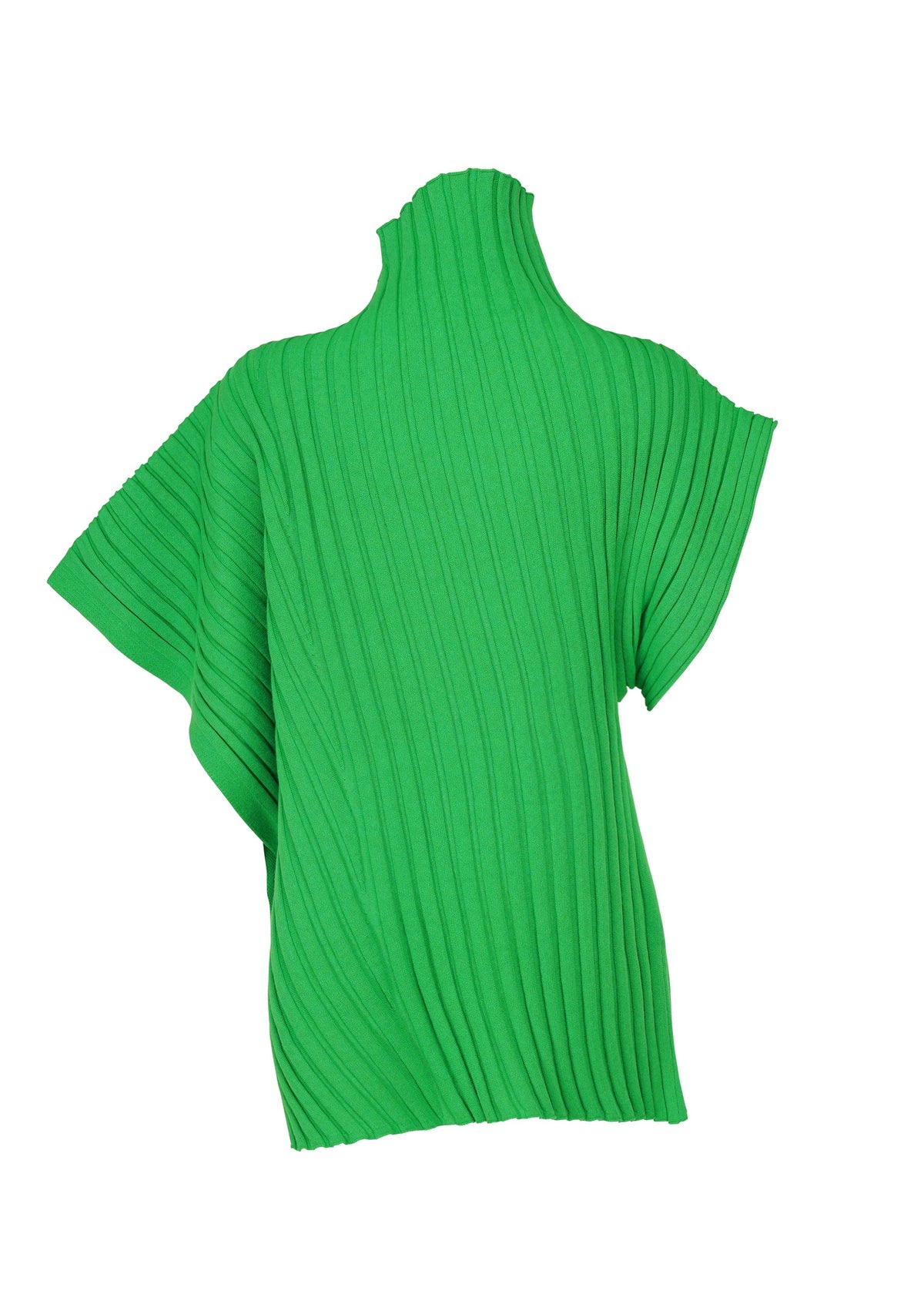 The ISSEY MIYAKE COTTON CASHMERE KNIT is a bright green, short-sleeved top with a high asymmetric neckline and relaxed, straight silhouette, shown on a white background. view 3 of 5
