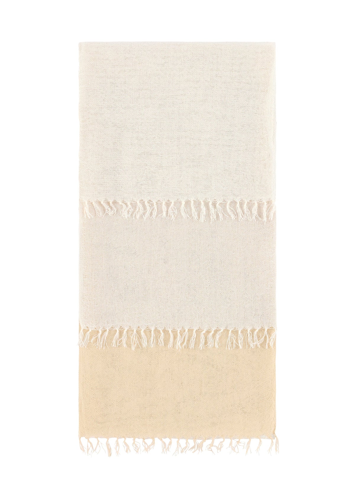 The SLITS STOLE by ISSEY MIYAKE is a rectangular woven cotton stole featuring three horizontal sections—two off-white, one light beige—separated by white fringe. Edge fringe detailing enhances its versatile styling options. view 1 of 7