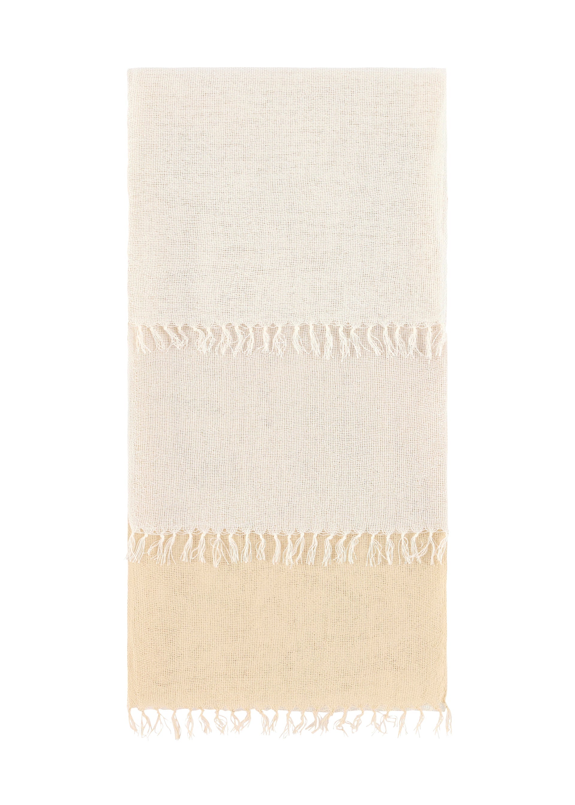 Zoomed view The SLITS STOLE by ISSEY MIYAKE is a rectangular woven cotton stole featuring three horizontal sections—two off-white, one light beige—separated by white fringe. Edge fringe detailing enhances its versatile styling options. - WHITE-HUED (no.07)