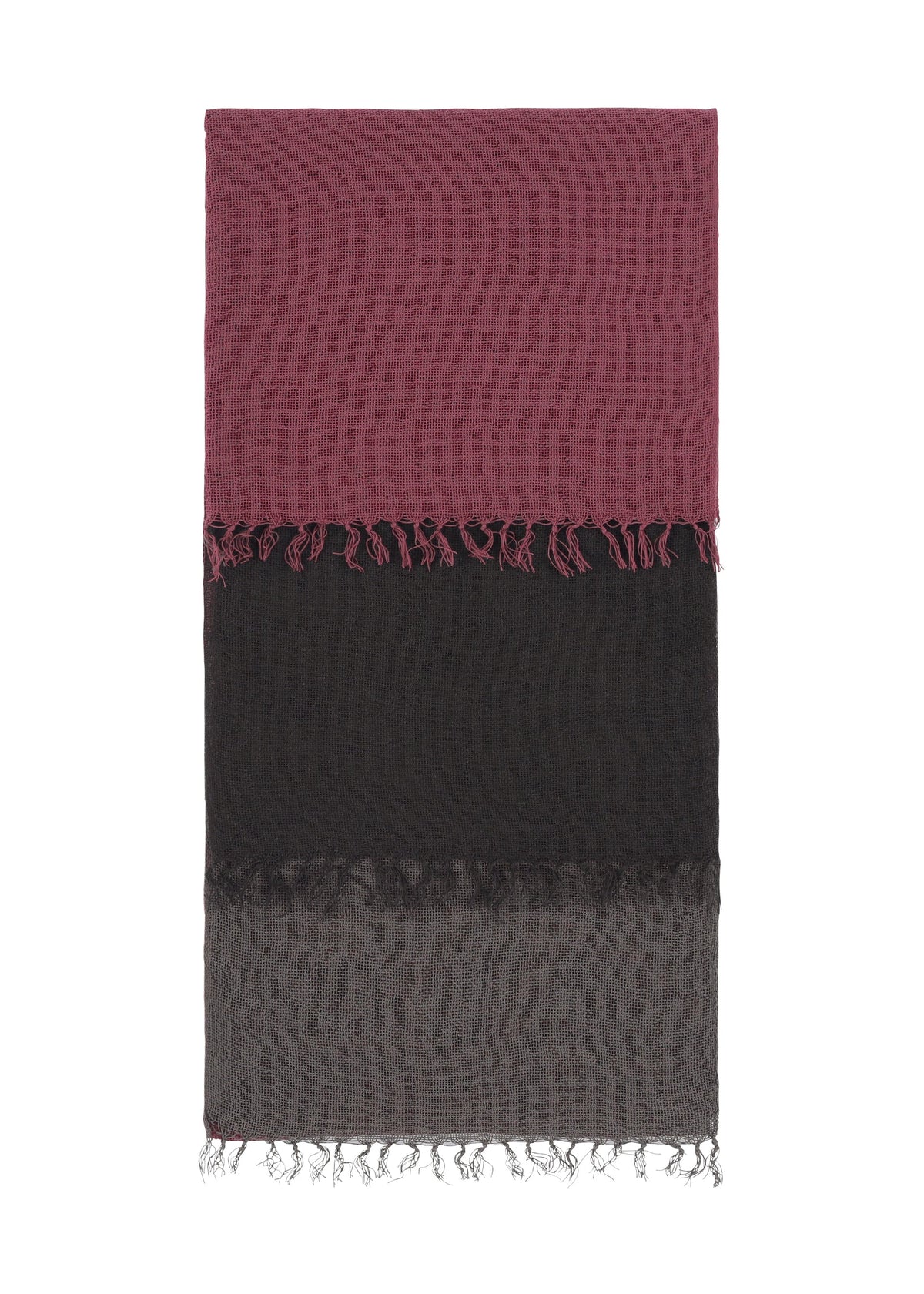 The SLITS STOLE by ISSEY MIYAKE is a rectangular cotton accessory featuring three horizontal color blocks—burgundy, black, and gray—with short fringes on each section for versatile styling. view 2 of 7
