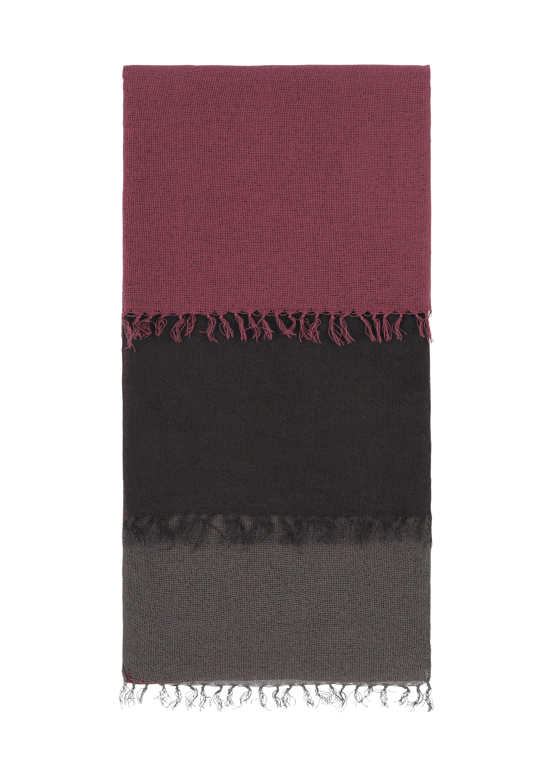 Zoomed view The SLITS STOLE by ISSEY MIYAKE is a rectangular cotton accessory featuring three horizontal color blocks—burgundy, black, and gray—with short fringes on each section for versatile styling. - BLACK-HUED （no.17）