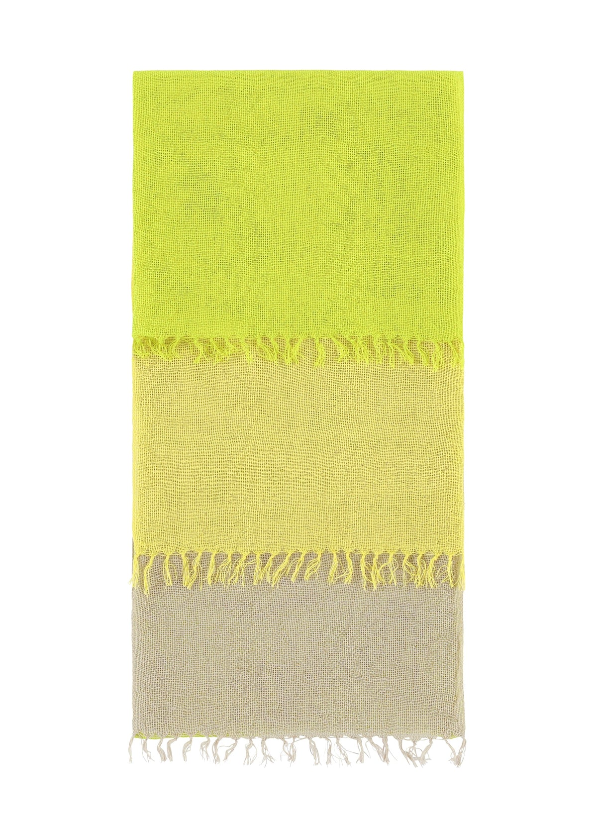 The ISSEY MIYAKE SLITS STOLE is a rectangular cotton design with three horizontal color blocks—bright yellow, pale yellow, and light gray—separated by fringed edges for versatile styling on any occasion. view 3 of 7