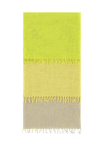 The ISSEY MIYAKE SLITS STOLE is a rectangular cotton design with three horizontal color blocks—bright yellow, pale yellow, and light gray—separated by fringed edges for versatile styling on any occasion. - YELLOW-HUED （no.57）