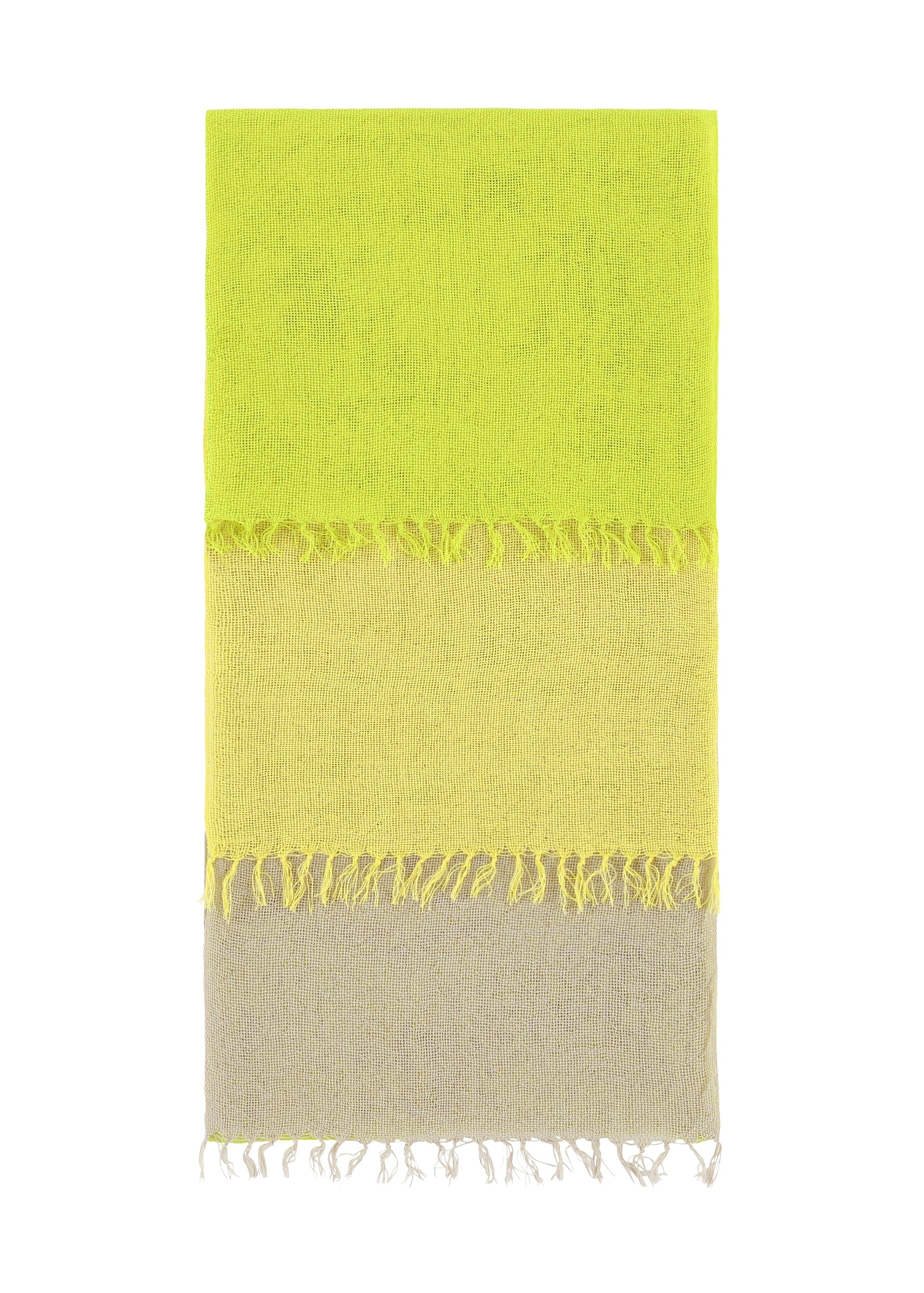 Zoomed view The ISSEY MIYAKE SLITS STOLE is a rectangular cotton design with three horizontal color blocks—bright yellow, pale yellow, and light gray—separated by fringed edges for versatile styling on any occasion. - YELLOW-HUED （no.57）